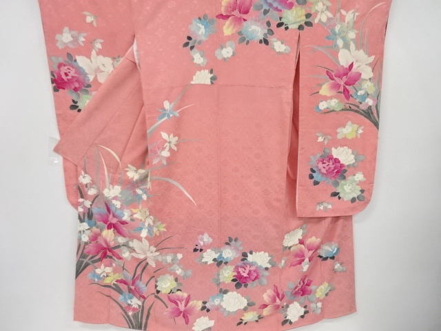 JAPANESE KIMONO / ANTIQUE FURISODE / EMBROIDERY ORCHID & ROSE 